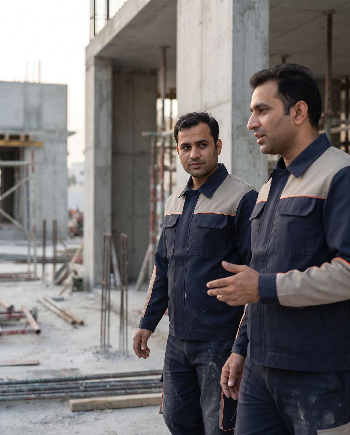 Two construction professionals wearing coordinated navy and stone workwear on site