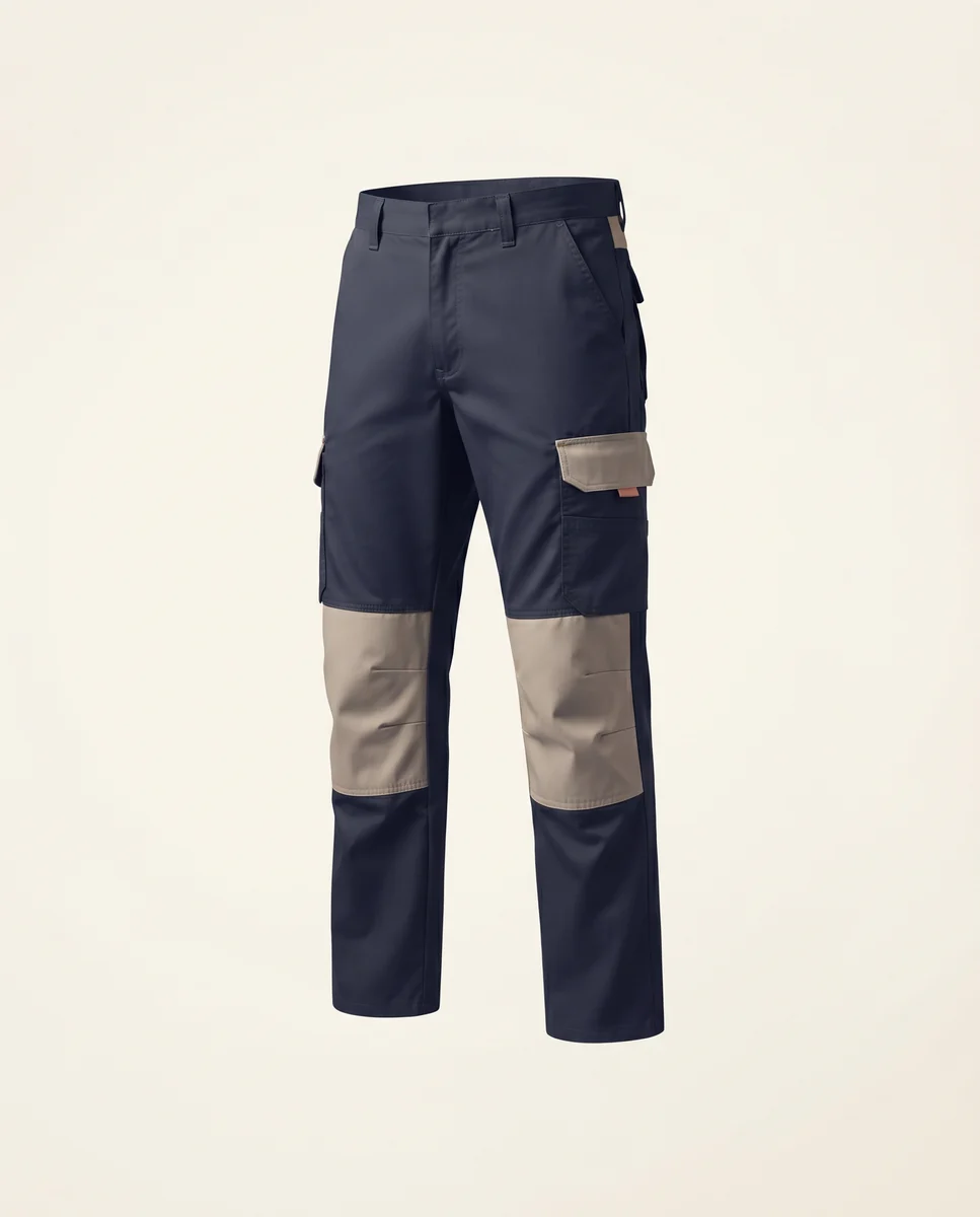 Navy construction work trousers with reinforced cargo pocket
